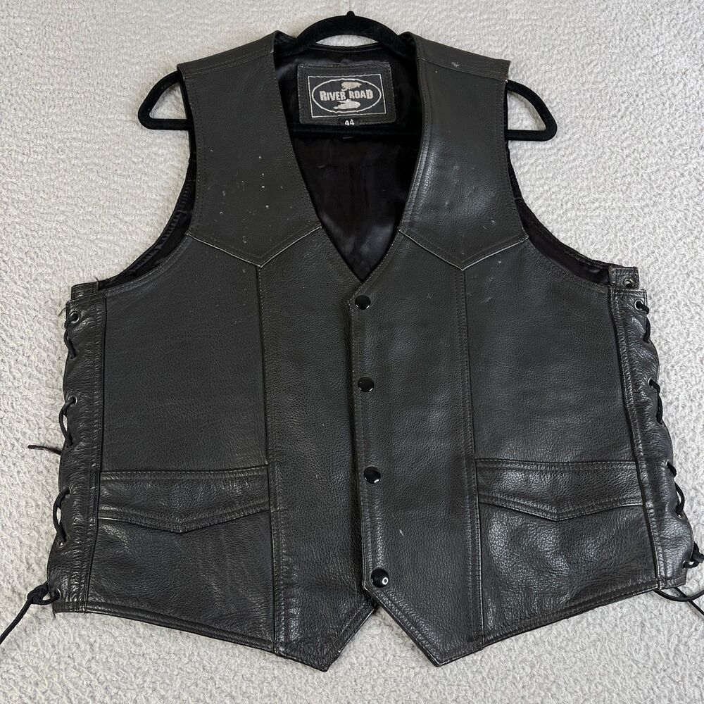 RIVER ROAD Leather Vest Mens Size 44 Black Motorcycle Biker Side Laces Snaps
